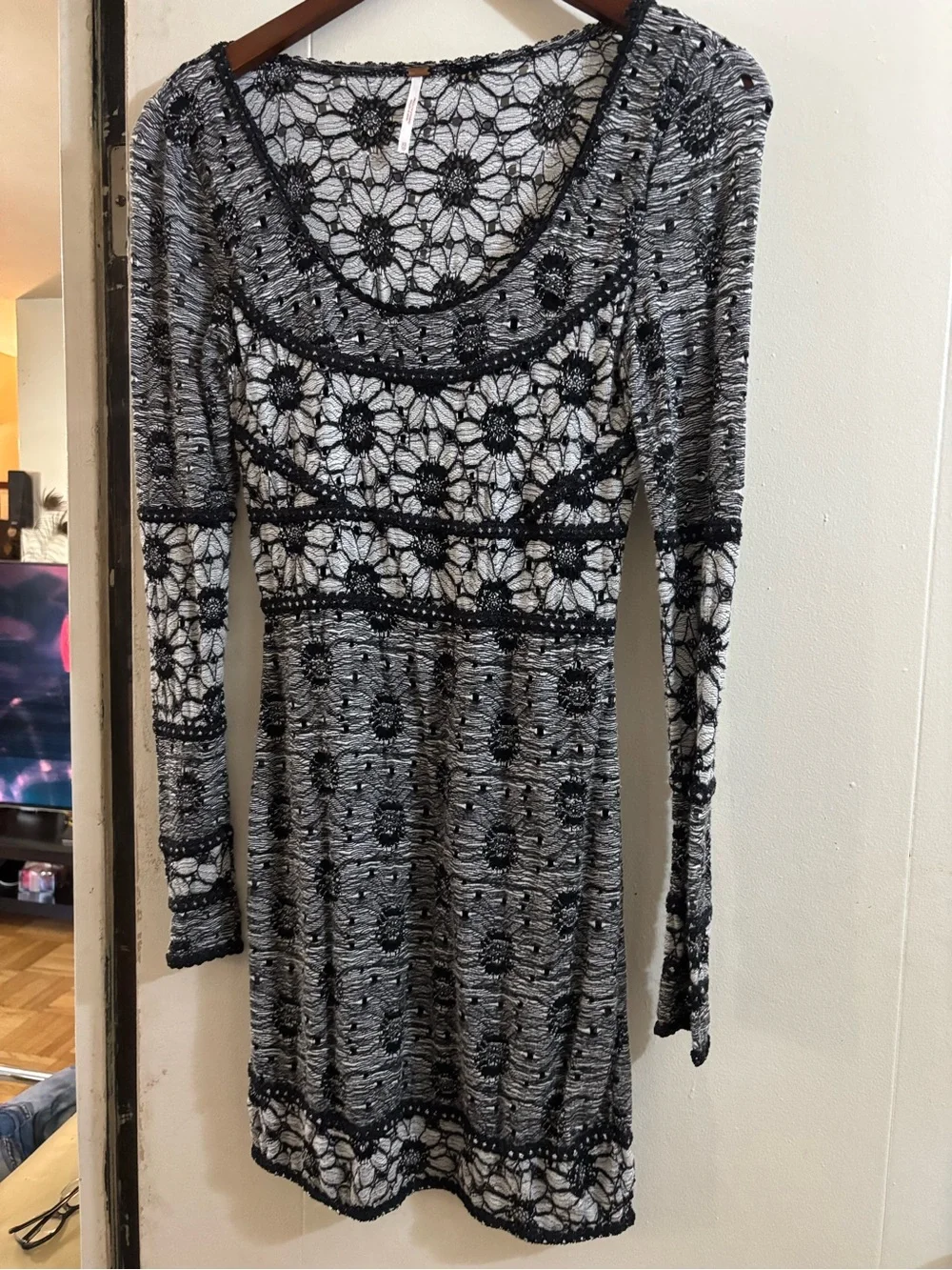 Free People Black and White Crochet Lace Long Sleeve Dress